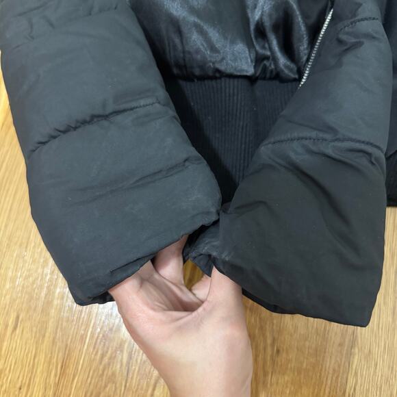 Y2K Bebe size medium black cropped puffer jacket missing fur Rhinestone logo - Picture 14 of 15